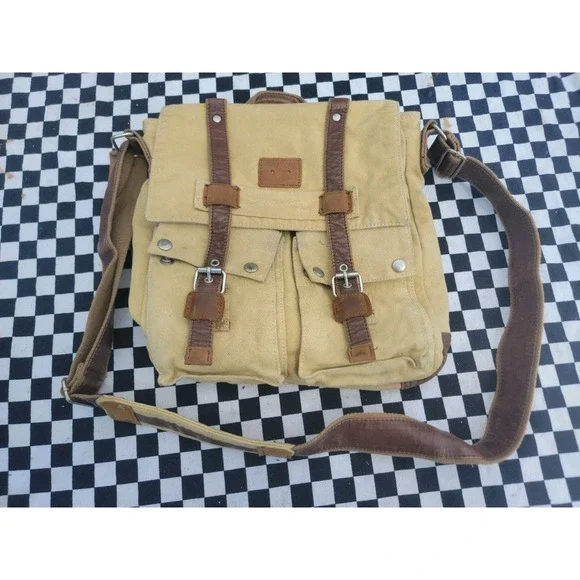 Urban Edge By Canyon Canvas Leather Messenger Shoulder Bag Tan Brown