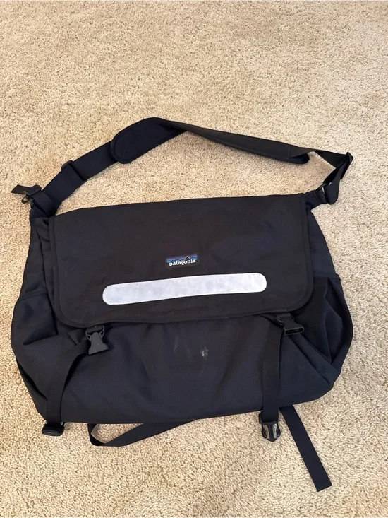 Patagonia Black Messenger Bag with Silver Reflective Strip