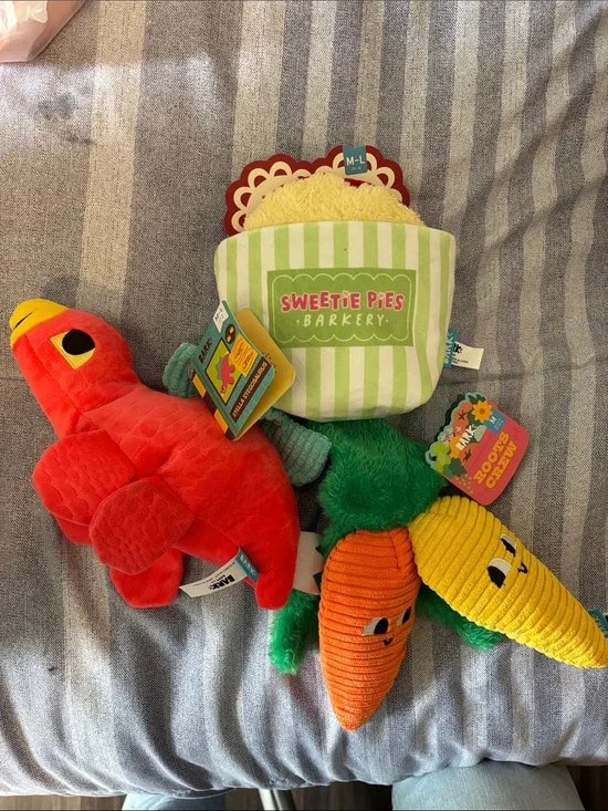 Bark Red Parrot & Multicolor Veggie Plush Dog Toy Bundle