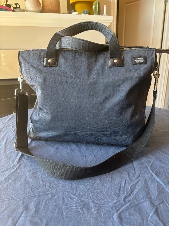 Jack Spade Warren Street Large Messenger Bag.  Light Navy, brown leather trim