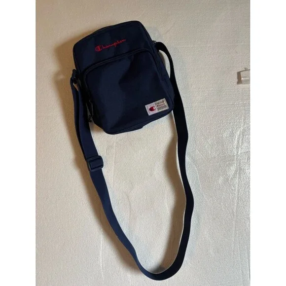 Champion Navy Crossbody Messenger with Red Logo Stitching