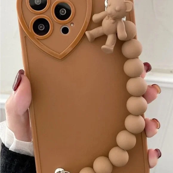 Brown/ Tan Plain Phone Case With Teddy Bear Beaded Lanyard Fits IPhone XS Max
