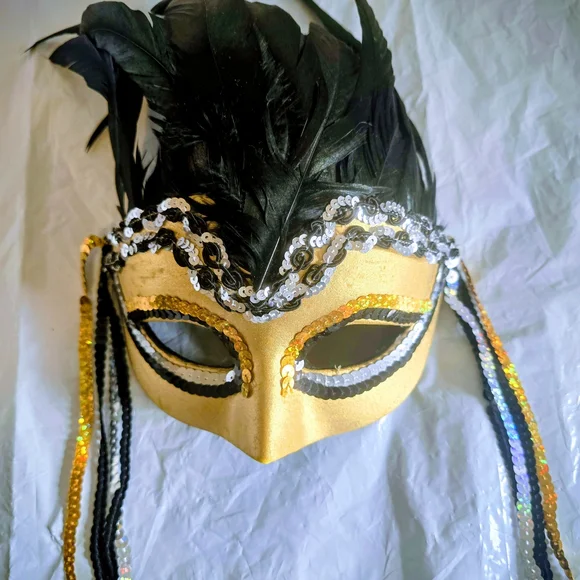 Gold and Black Feathered Masquerade Mask New