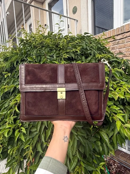 Y2K Vintage Chocolate Brown Leather & Suede Crossbody Shoulder Bag Unisex