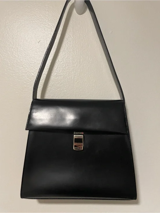 Furla Italy Black Leather Shoulder Bag Vintage Minimalist Structured Handbag