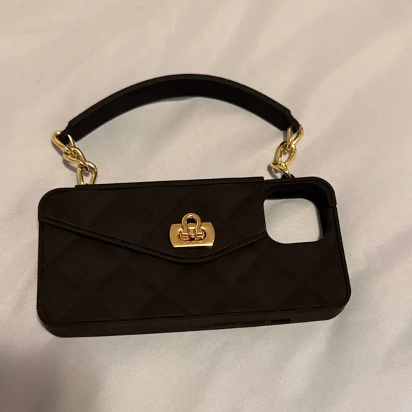 Black Quilted Phone Case with Gold Chain