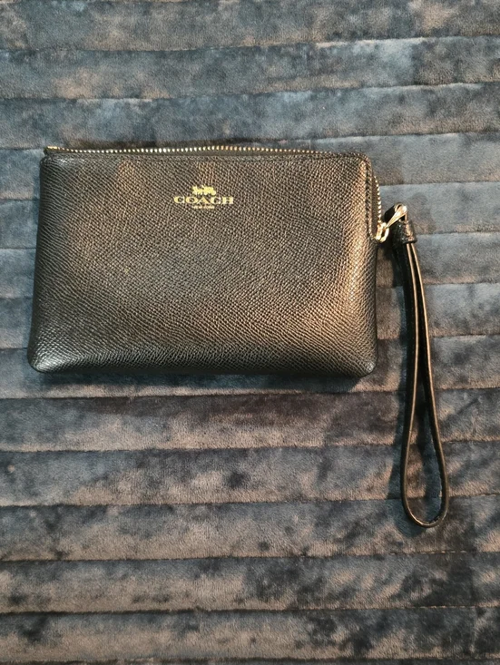 Coach Black Leather Wristlet with Gold Logo