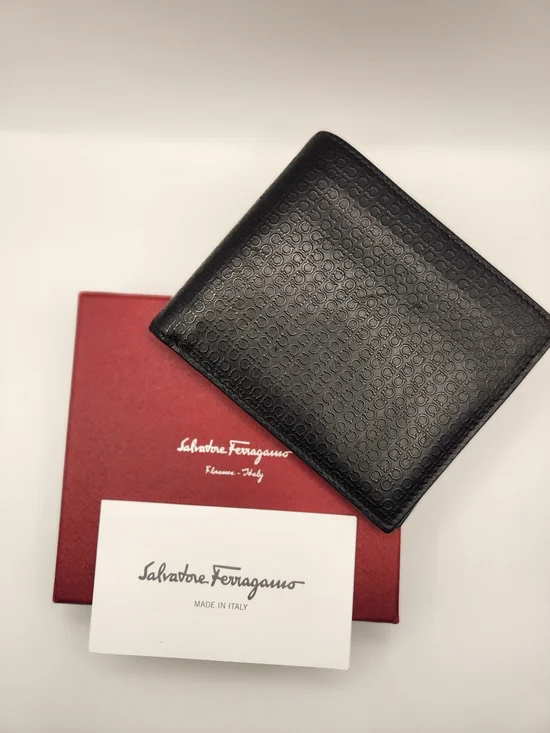 Salvatore Ferragamo Gancini Embossed Leather Bifold Wallet With Box