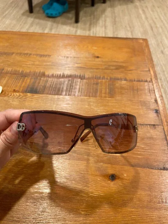 Dolce & Gabbana D&G Y2K Rimless Shield Sunglasses Gold Logo Brown Gradient