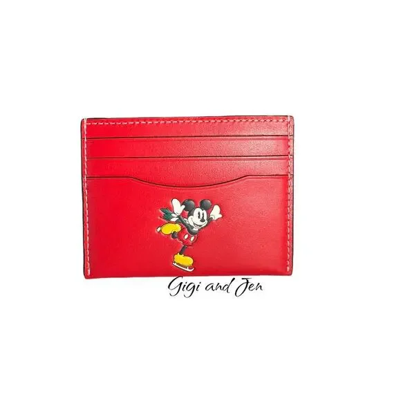 Coach Disney Mickey Unisex Slim Id Card Case With Winter Motif Elictric Red