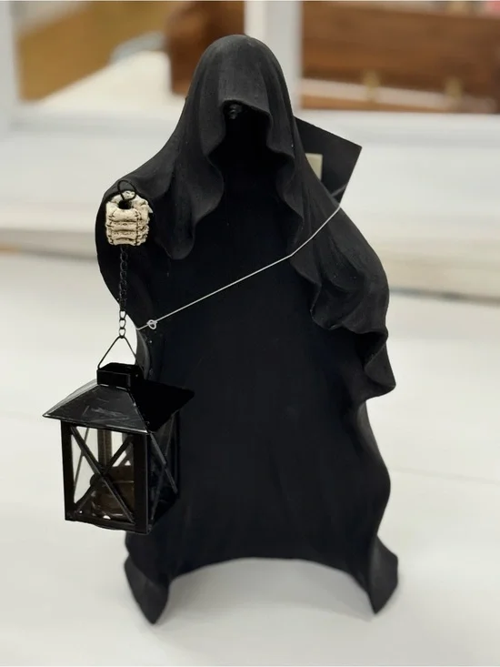 Black Hooded Lantern Figurine Home Accent - Decorative Lantern Holder