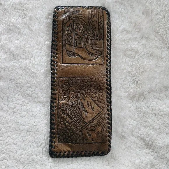 Vtg Hand Tooled Leather Braided Edge Bifold Wallet Western/Cowboy-Horse & Boots