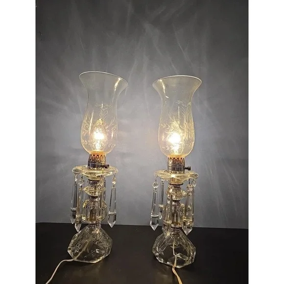 Pair of Etched Glass Boudoir Mantle Crystal Prisms Hurricane Table Lamps