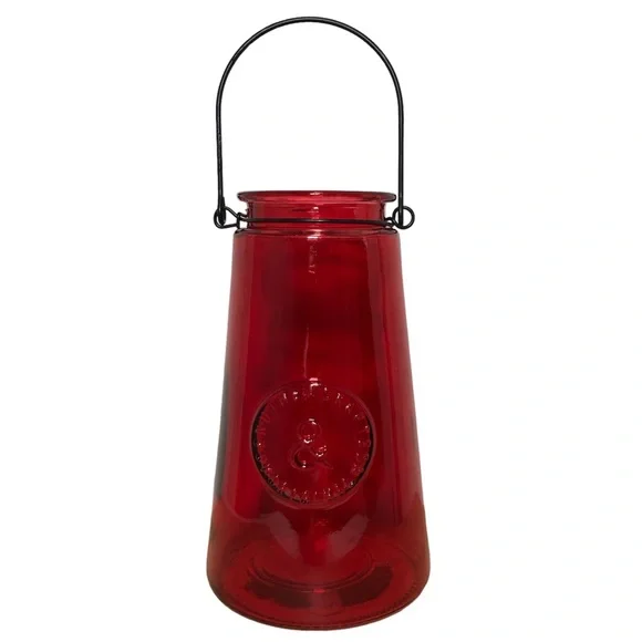 Genuine Crafted & Original Red Glass Ribbed Candle Holder with Metal Wire Handle
