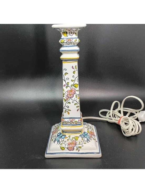 Vintage Made In Portugal Hand Painted Floral Table Lamp Flowers Vines Bows