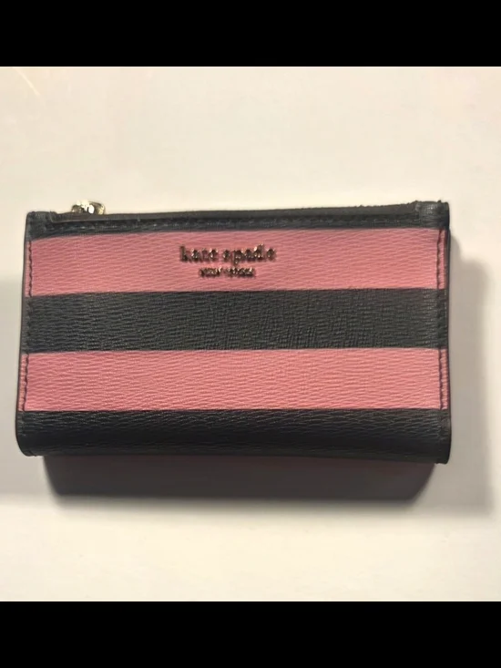 kate spade Pink and Black Horizontal Stripe Zip Wallet
