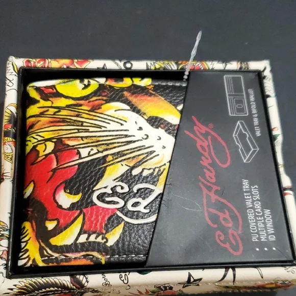 Ed Hardy‎ black iconic Ed Hardy tiger printed bifold wallet with valet tray new