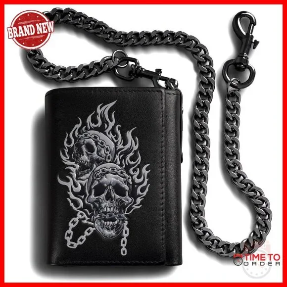 Men's Trifold Wallet With Detachable Chain RFID Blocking Leather