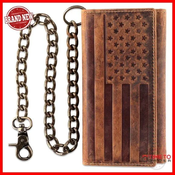 RFID Blocking Leather Wallet with Stainless Steel Chain for Men