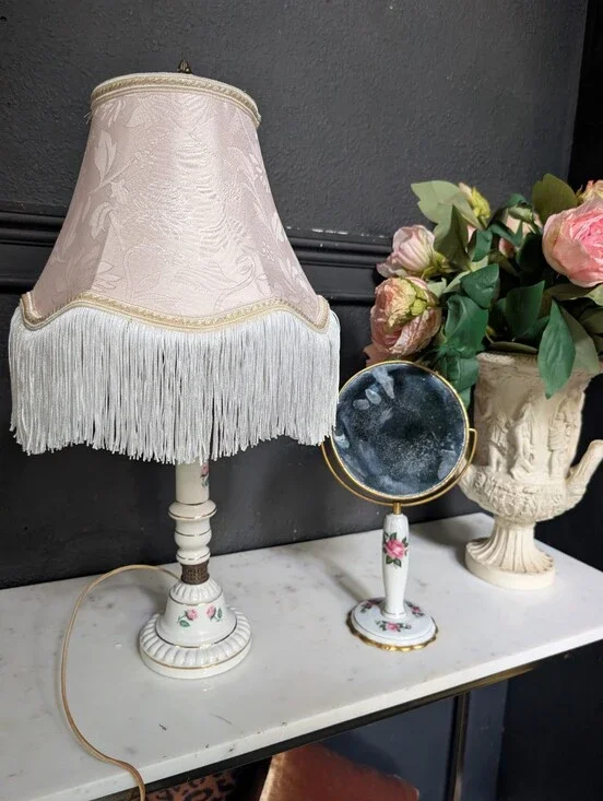 Vintage Porcelain Boudoir Candlestick Lamp, Rose detail, Fringe Shade, W/ Mirror