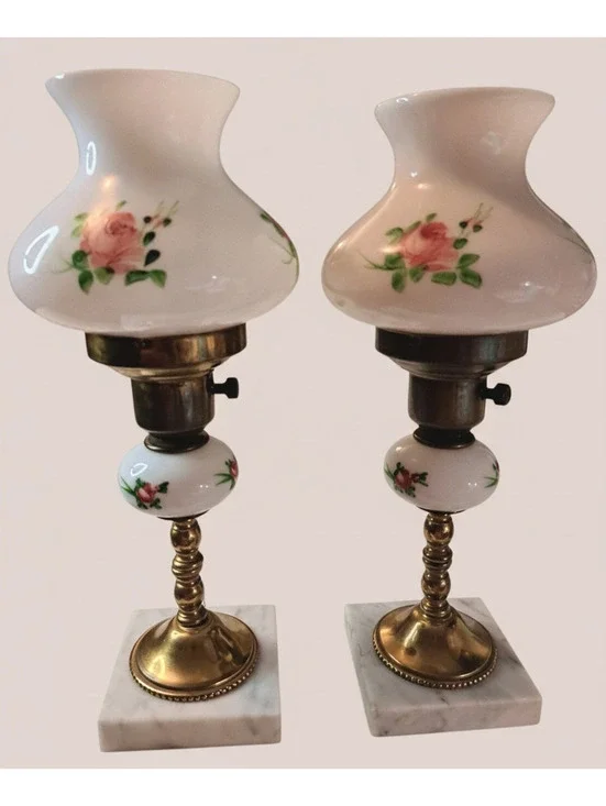 Set of Vintage Milk Glass/Brass/Marble Base Hand Painted Lamps