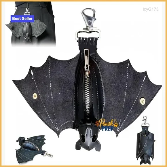 Faux Leather Bat Coin Purse with Key Clip, 3D Gothic Mini Wallet