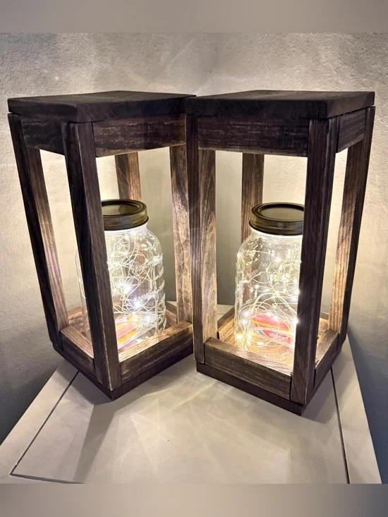 Solid Wood Fairy Lights Lantern Handmade Set of Two Brown