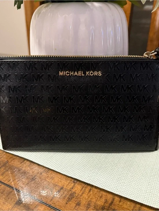 Michael Kors Black Embossed MK Zip Pouch with Gold Logo
