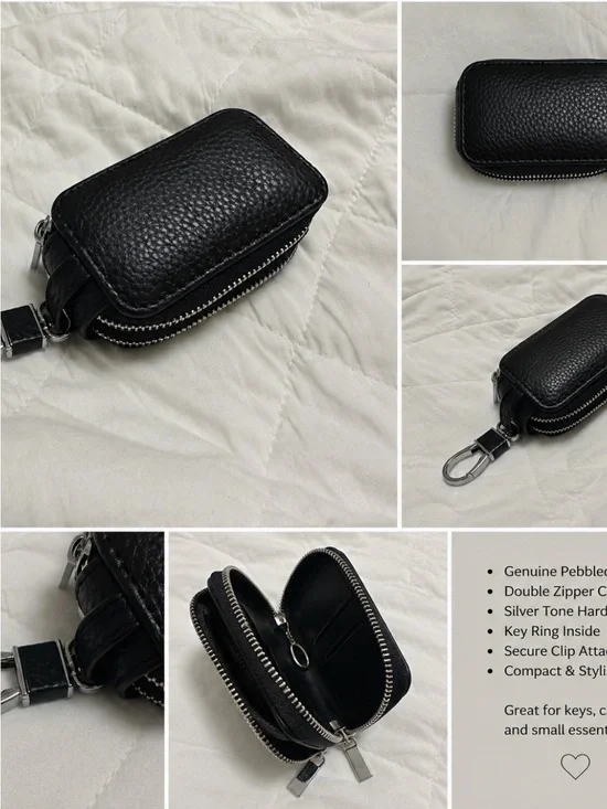 Black Pebbled Leather Double-Zip Key Pouch