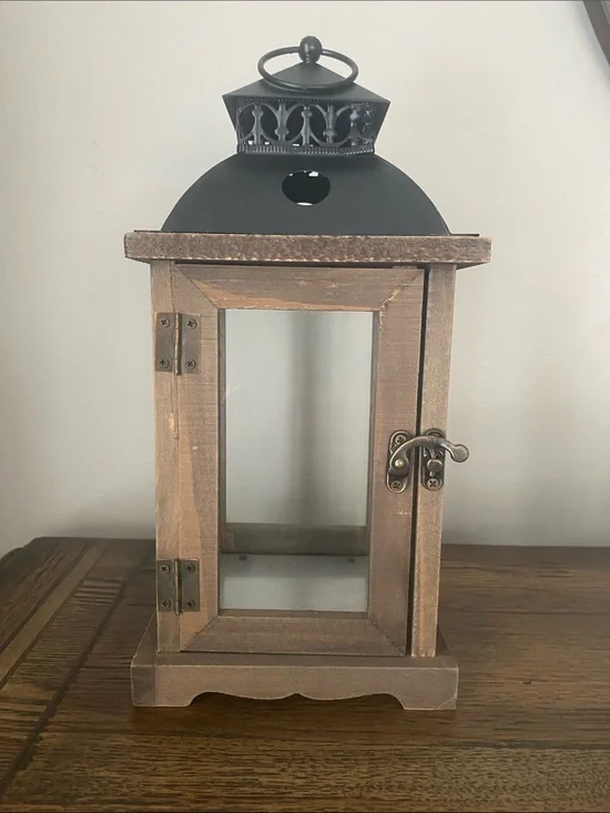 Wood and Black Metal Lantern - Rustic Home Accent