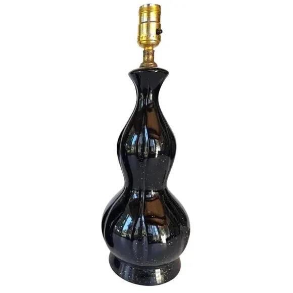 Vintage Black Ceramic Gold Spatter Table Lamp Glossy Mid Century 16.25