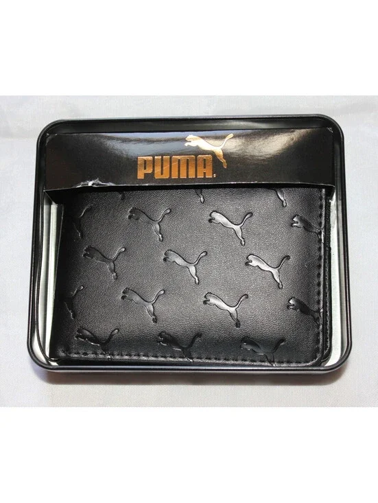 NWT Puma Men's Bifold Wallet Black Embossed Cat Logo with Branded Tin Gift Box