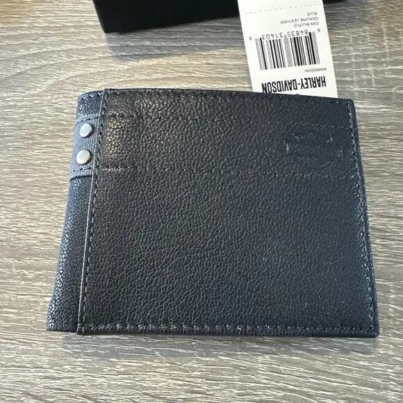 Harley-Davidson Men's Genuine Leather With Calvary Canvas Trim Billfold Blue