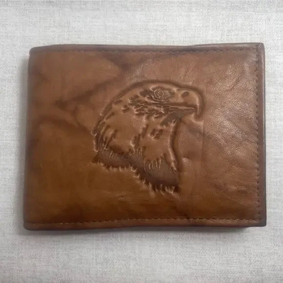 Vintage Eagle Embossed Genuine Rico Cowhide Brown Leather Bifold Wallet