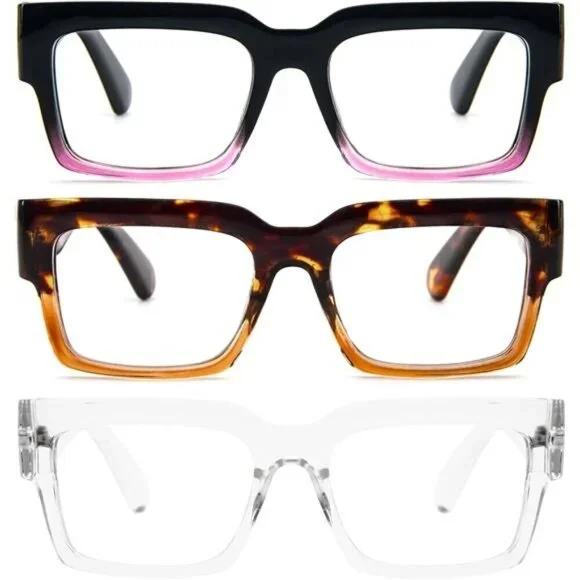 3-Pack Oversized Readers Trendy Thick Frames in Clear, Tortoise, and Black Ombre
