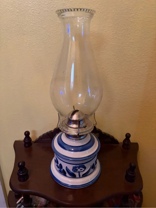 Vintage Lamplight Blue and White Ceramic Oil Lamp - Classic Home Accent