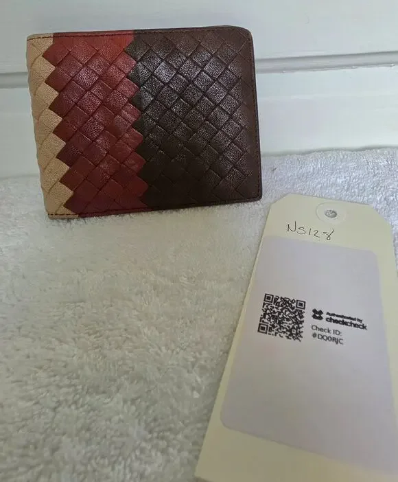 Bottega Veneta Men's Brown Red Beige Intrecciato Woven Bifold Wallet w/COA