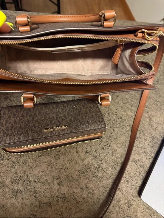 Michael Kors Brown Logo Tote with Tan Leather Trim and Matching Wallet