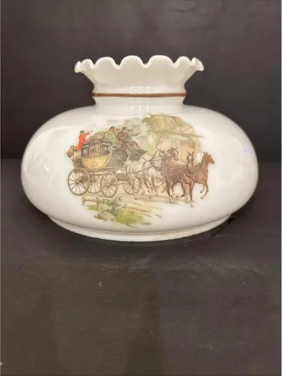 Vintage Milk Glass Lamp Shade With 3x Stagecoach Horse Scenes 9.75” Fitter