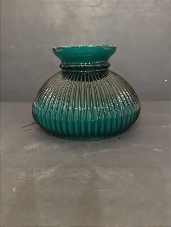 Vintage Green Glass Ribbed Hurricane Oil Desk Lamp Shade 6 7/8” Fitter