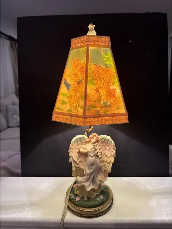 Vintage Angel Table Lamp with Lithophane Style Shade Gorgeous Images When On 18”