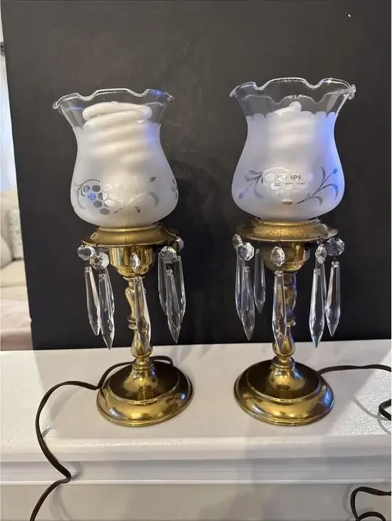 VTG MCM Pair of Electrified Boudoir Brass Hurricane Lamps With Hanging Crystals