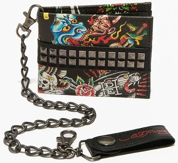 Ed Hardy Men's Pyramid Stud Biker Bifold Black Wallet With Removable Chain