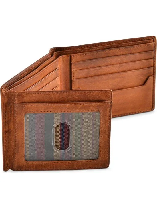 RFID Blocking Bifold Wallet for Men - Brown Full Grain Leather, 2 ID Windows