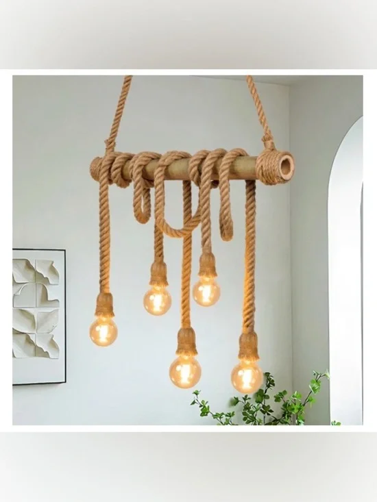 5-Light Bamboo & Hemp Rope Chandelier Pendant Light