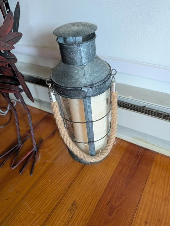 Rustic Metal and Rope Lantern - Cream Glass, No Brand