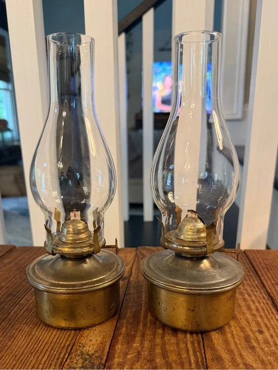 Vintage Brass Oil Lantern Pair with Clear Glass Chimney