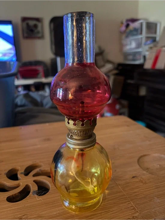 Vintage Two-Tone Glass Oil Lamp — Red & Yellow