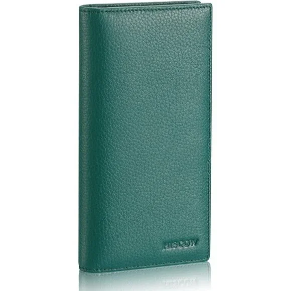 Men's Dark Green Full Grain Leather Long Bifold Wallet Credit Card Slots Style