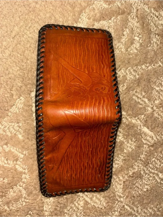 Hand-Tooled Leather Bifold Wallet with Pin-Up Design - Cognac